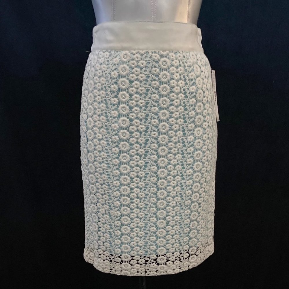 Antonio Melani Pencil Skirt 0 White Crochet Overlay Pale Blue Lining Career Work